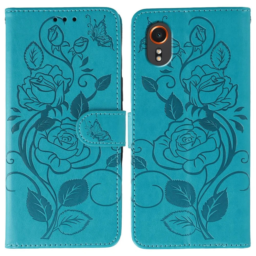 For Samsung Galaxy Xcover7 Case Wallet Stand Imprinted Rose Butterfly PU Leather Phone Cover - Blue - 1