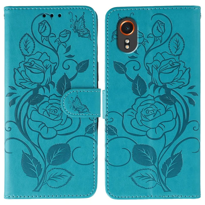 For Samsung Galaxy Xcover7 Case Wallet Stand Imprinted Rose Butterfly PU Leather Phone Cover - Blue - 1