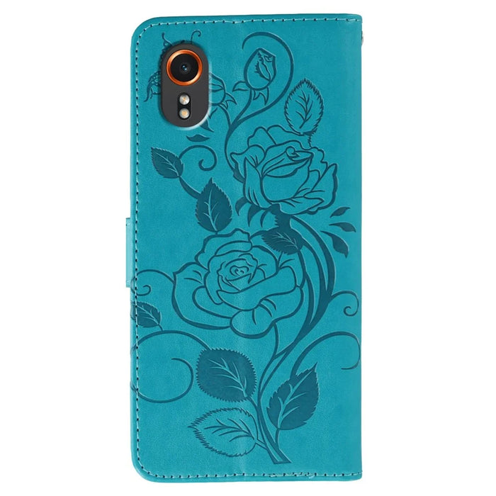 For Samsung Galaxy Xcover7 Case Wallet Stand Imprinted Rose Butterfly PU Leather Phone Cover - Blue - 5