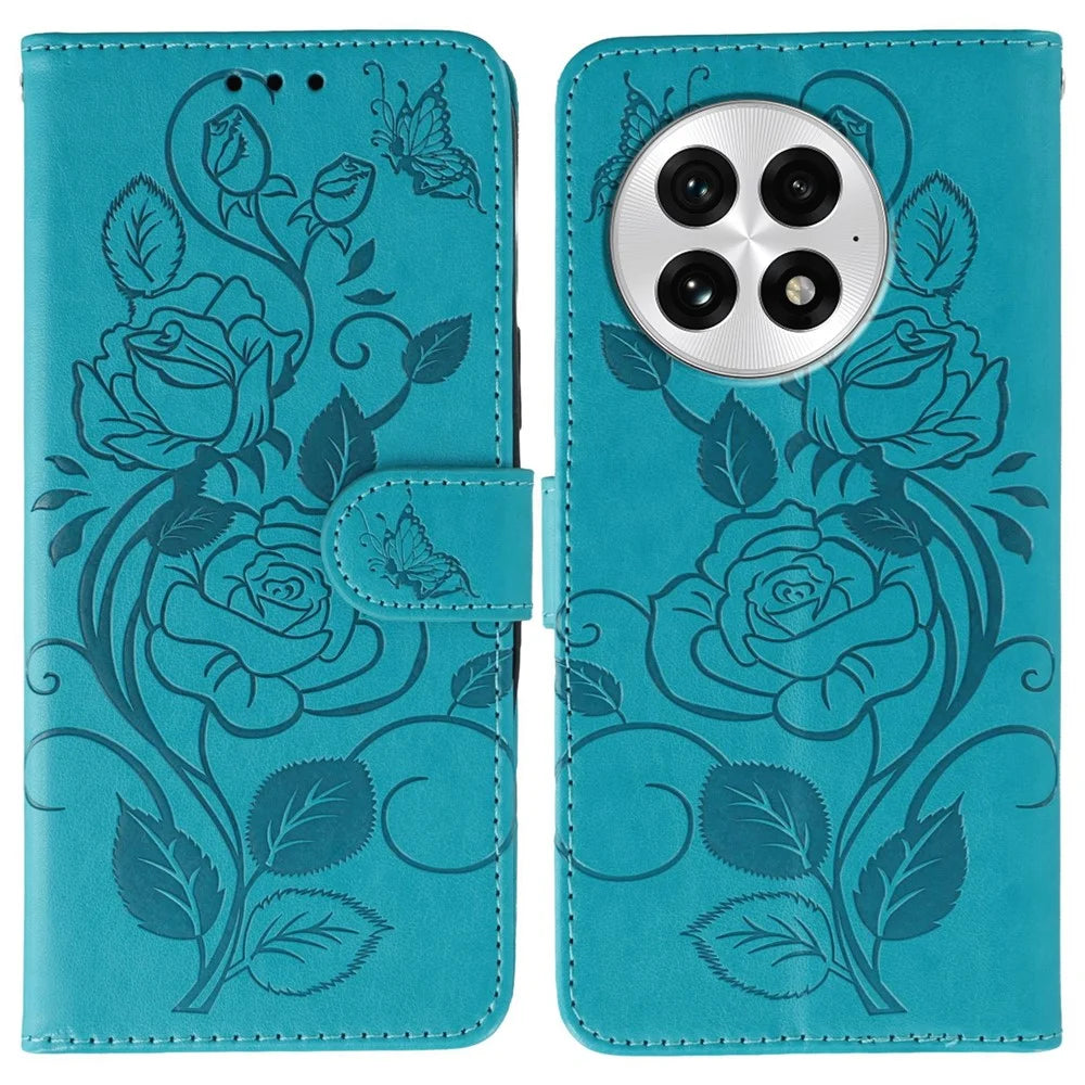 For OnePlus 13 Case Wallet Stand Imprinted Rose Butterfly PU Leather Phone Cover - Blue - 1