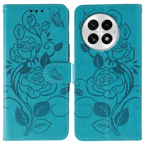 For OnePlus 13 Case Wallet Stand Imprinted Rose Butterfly PU Leather Phone Cover - Blue - 1