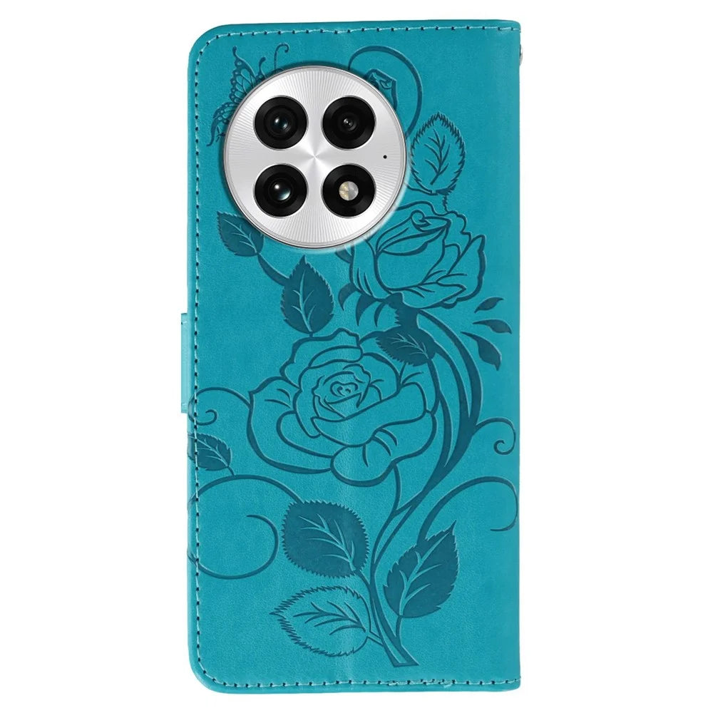 For OnePlus 13 Case Wallet Stand Imprinted Rose Butterfly PU Leather Phone Cover - Blue - 5