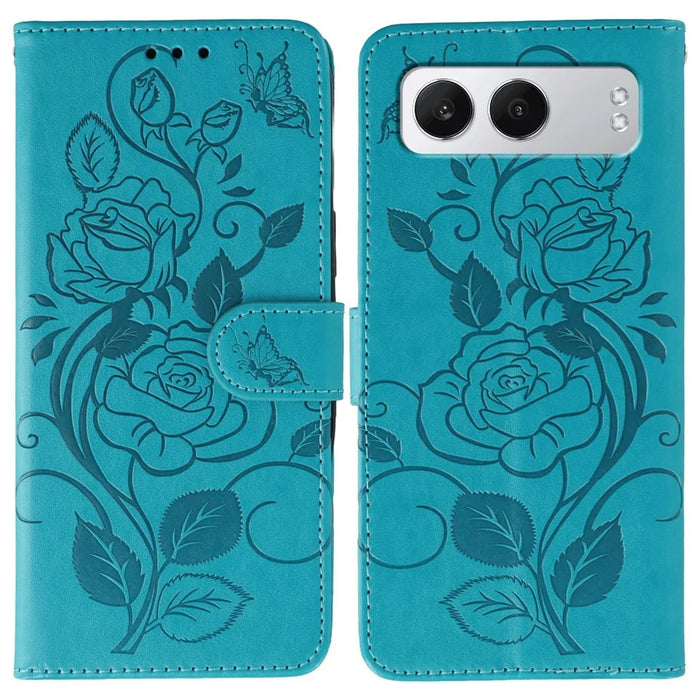 For OnePlus Nord 4 Case Wallet Stand Imprinted Rose Butterfly PU Leather Phone Cover - Blue - 1