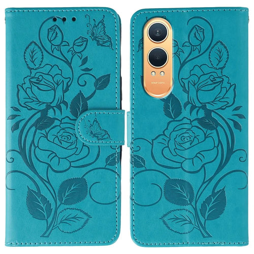 For OnePlus Nord CE4 Lite 5G Case Wallet Stand Imprinted Rose Butterfly PU Leather Phone Cover - Blue - 1