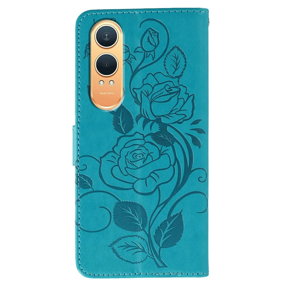 For OnePlus Nord CE4 Lite 5G Case Wallet Stand Imprinted Rose Butterfly PU Leather Phone Cover - Blue - 5