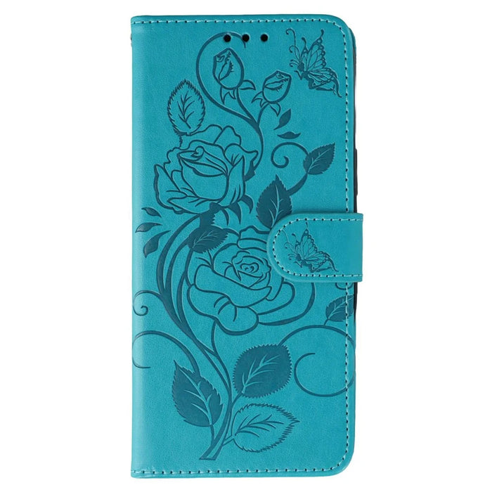 For OnePlus 12 5G Case Wallet Stand Imprinted Rose Butterfly PU Leather Phone Cover - Blue - 4