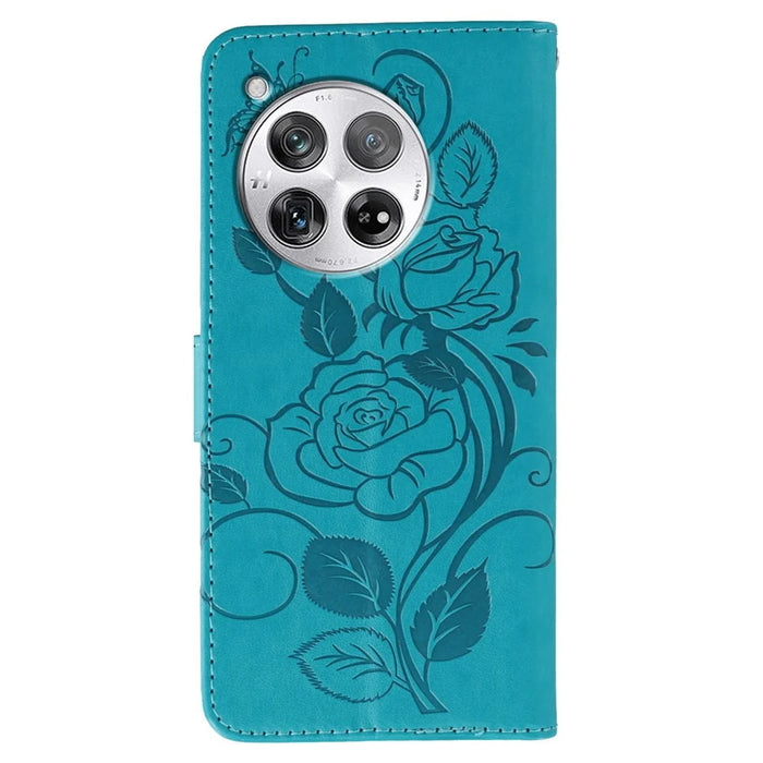 For OnePlus 12 5G Case Wallet Stand Imprinted Rose Butterfly PU Leather Phone Cover - Blue - 5