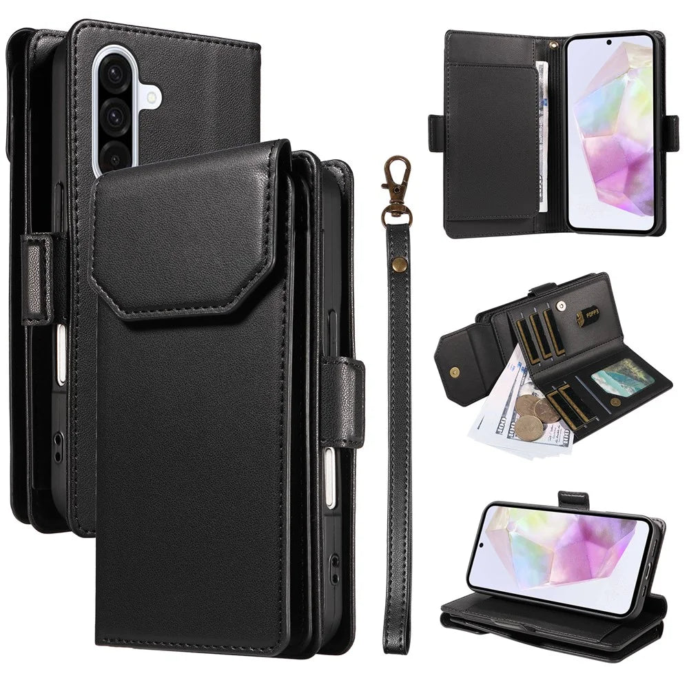 For Samsung Galaxy A56 5G / M56 5G Case with Multi-Card Holder and Strap PU Leather Phone Cover Stand - Black - 1