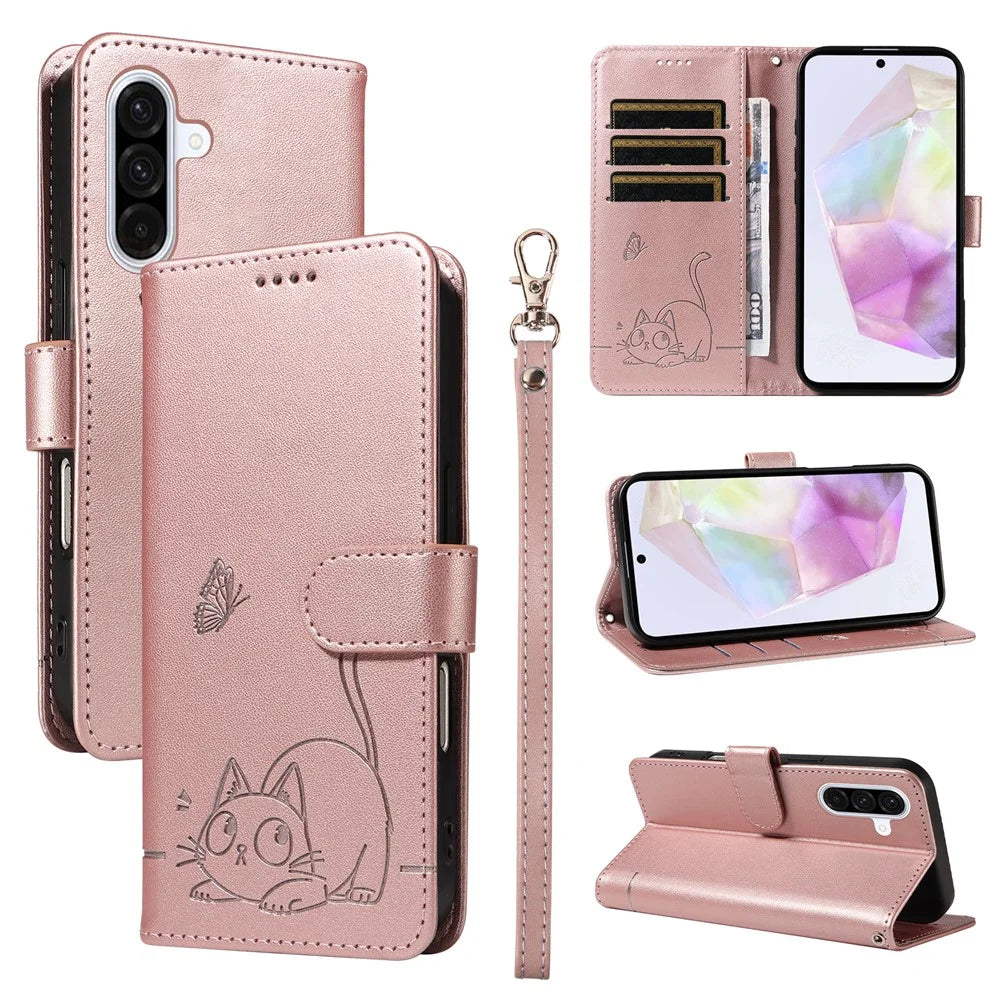 For Samsung Galaxy A56 5G / M56 5G Case Cat Pattern Imprint Leather Phone Cover with Wrist Strap - Rose Gold - 1