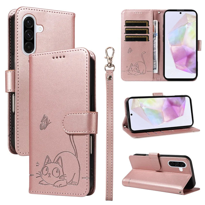For Samsung Galaxy A56 5G / M56 5G Case Cat Pattern Imprint Leather Phone Cover with Wrist Strap - Rose Gold - 1
