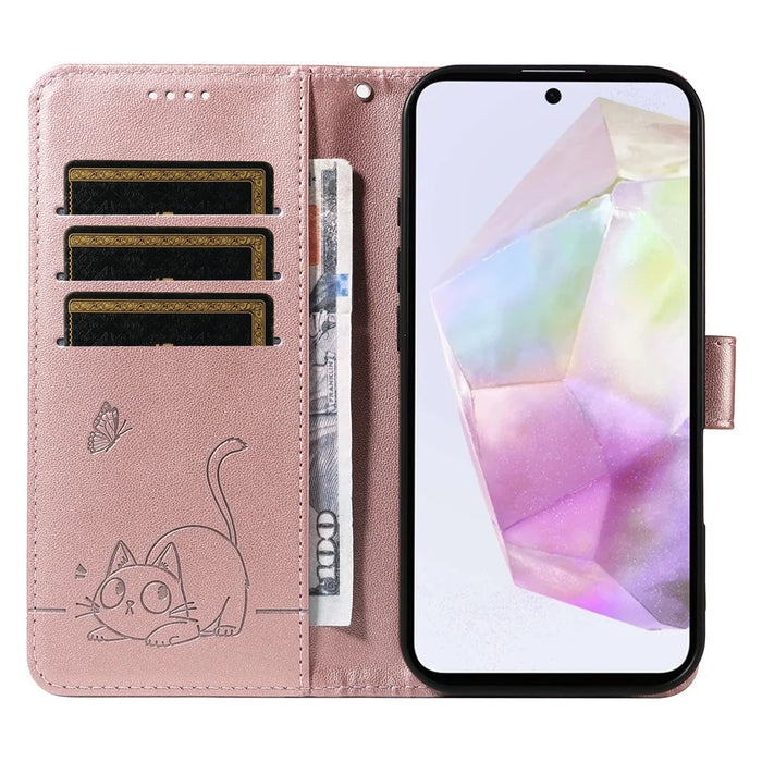 For Samsung Galaxy A56 5G / M56 5G Case Cat Pattern Imprint Leather Phone Cover with Wrist Strap - Rose Gold - 2