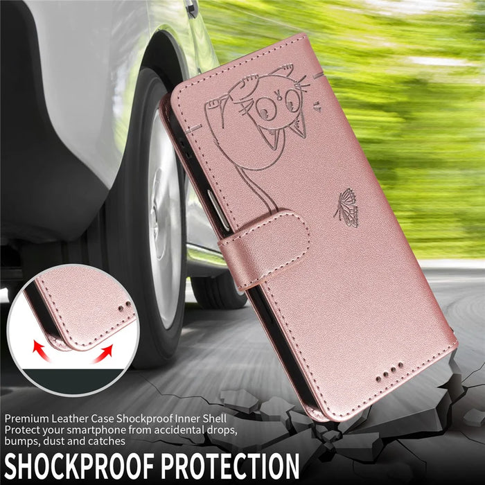 For Samsung Galaxy A56 5G / M56 5G Case Cat Pattern Imprint Leather Phone Cover with Wrist Strap - Rose Gold - 3