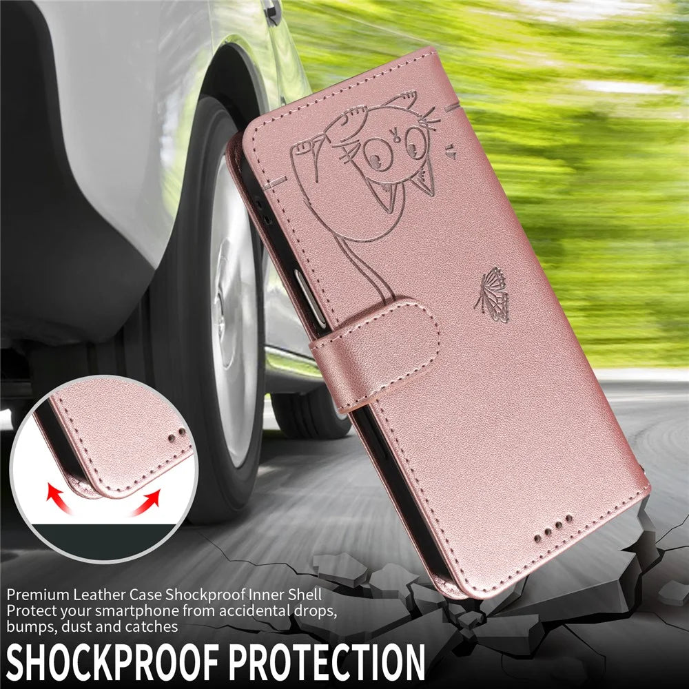 For Samsung Galaxy A36 5G Case Cat Pattern Imprint Leather Phone Cover with Wrist Strap - Rose Gold - 3