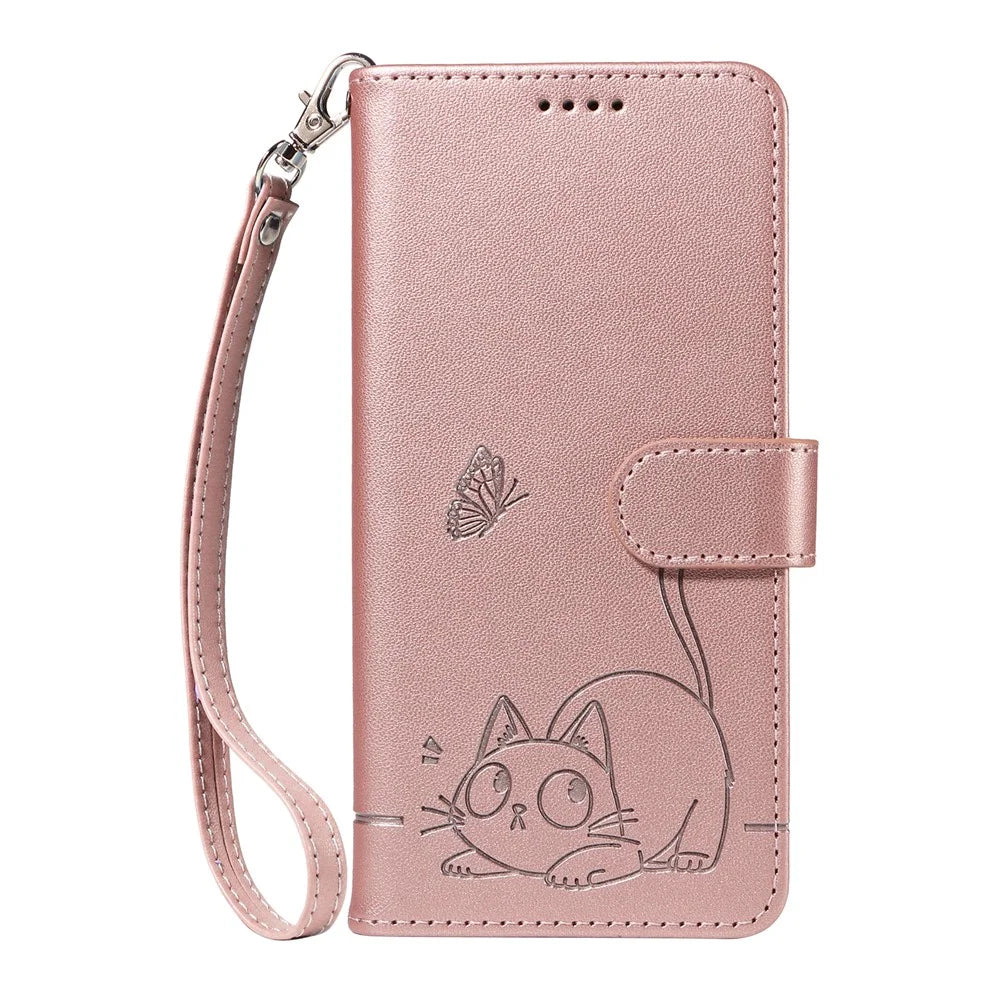 For Samsung Galaxy A36 5G Case Cat Pattern Imprint Leather Phone Cover with Wrist Strap - Rose Gold - 6