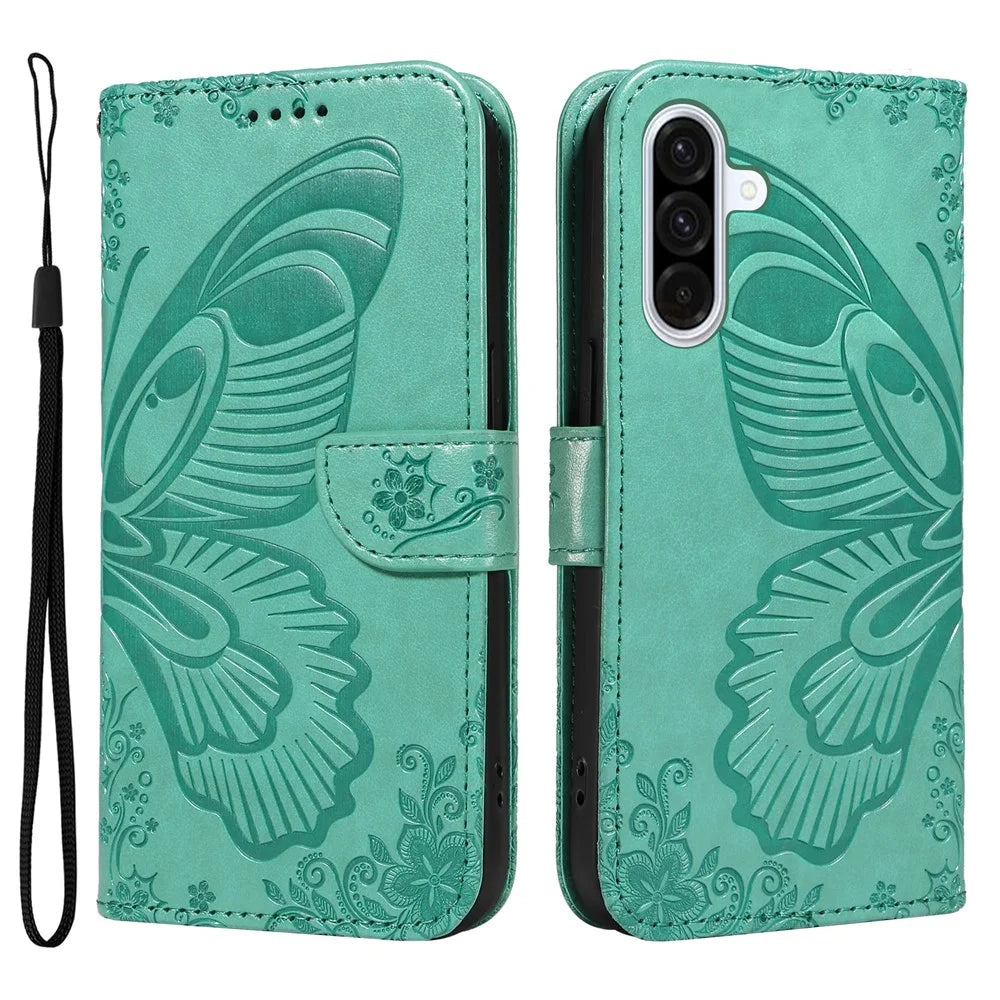 For Samsung Galaxy A56 5G / M56 5G Case Butterfly Pattern PU Leather Folio Flip Phone Cover -  Green - 1