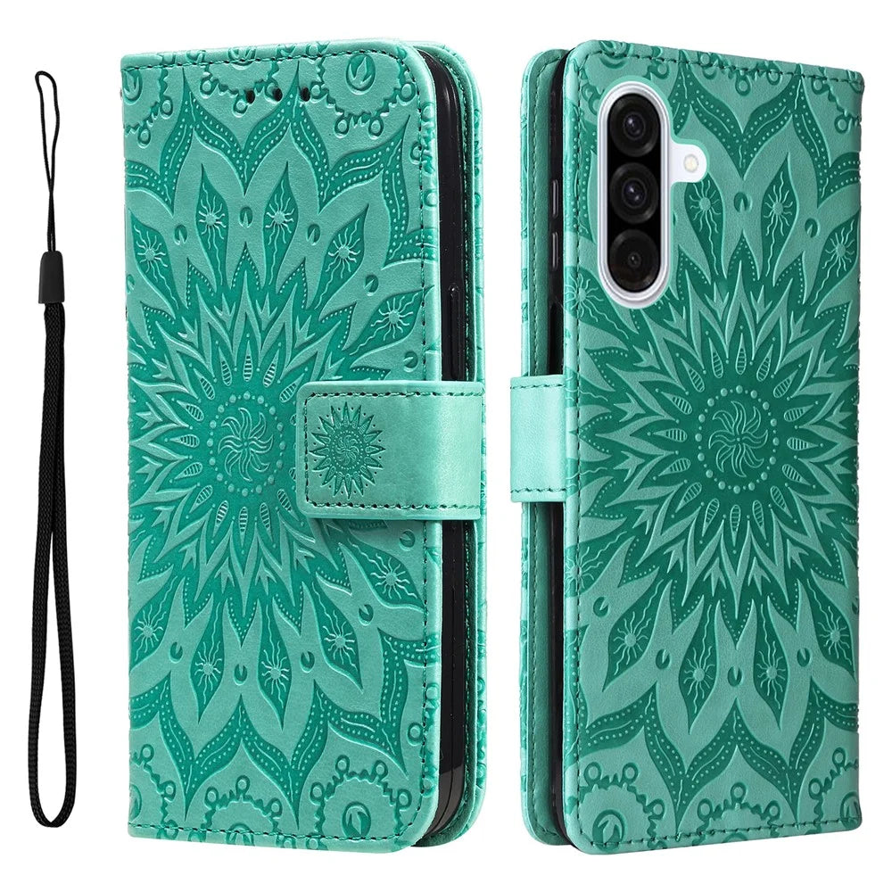 For Samsung Galaxy A56 5G / M56 5G Leather Wallet Case Sunflower Imprinted Phone Cover - Green - 1