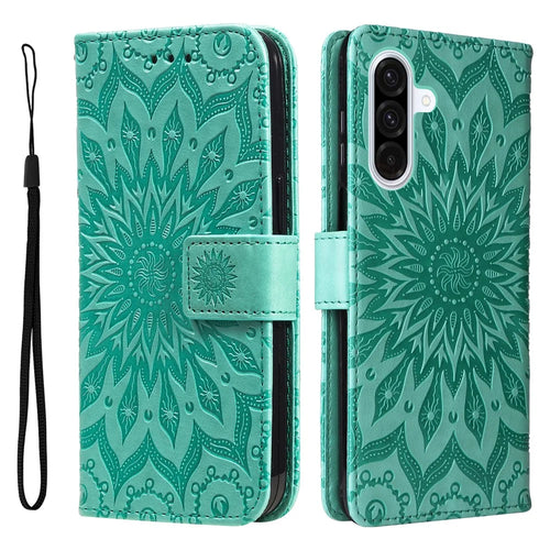 For Samsung Galaxy A56 5G / M56 5G Leather Wallet Case Sunflower Imprinted Phone Cover - Green - 1