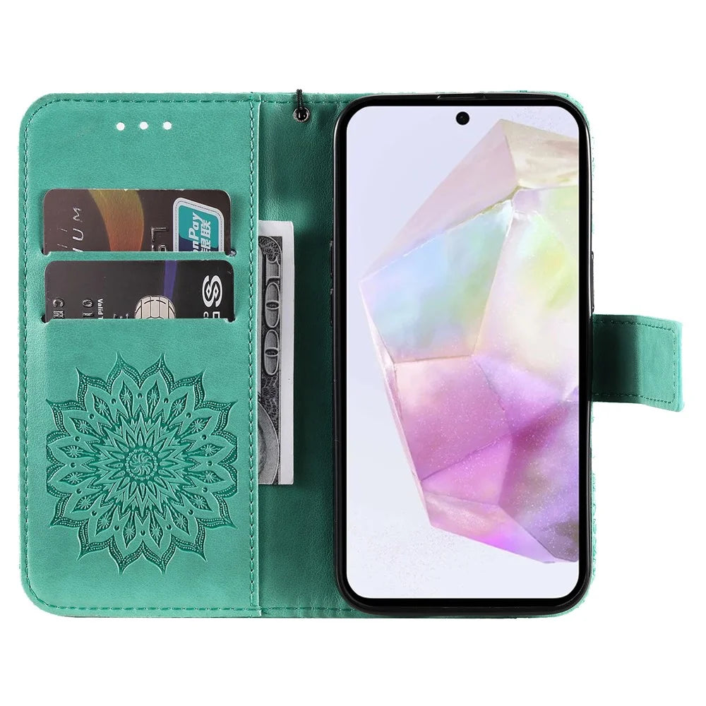 For Samsung Galaxy A56 5G / M56 5G Leather Wallet Case Sunflower Imprinted Phone Cover - Green - 2