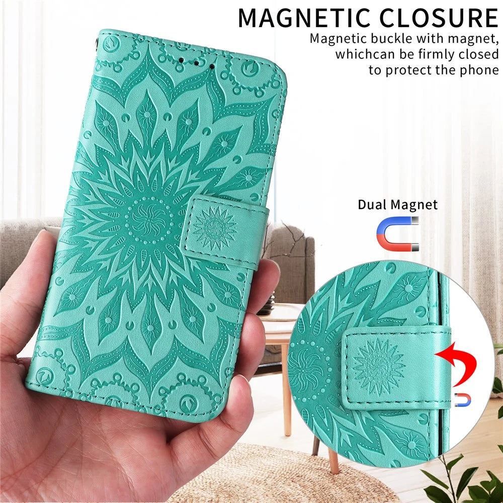 For Samsung Galaxy A56 5G / M56 5G Leather Wallet Case Sunflower Imprinted Phone Cover - Green - 3