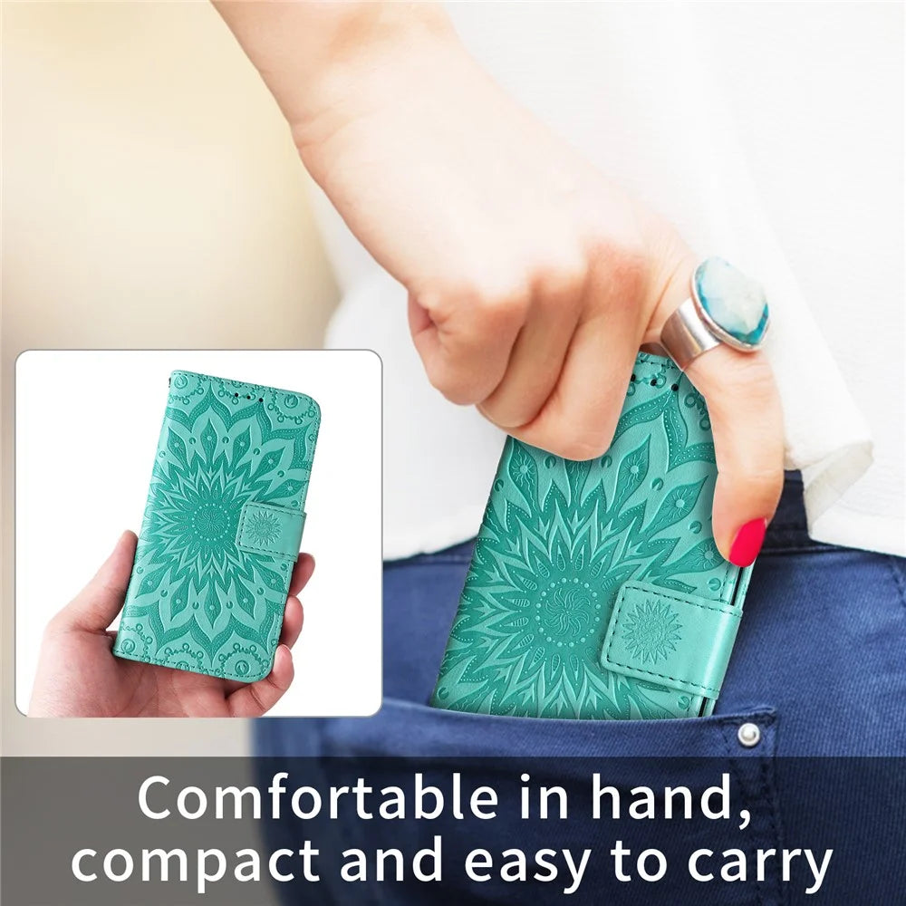 For Samsung Galaxy A56 5G / M56 5G Leather Wallet Case Sunflower Imprinted Phone Cover - Green - 4
