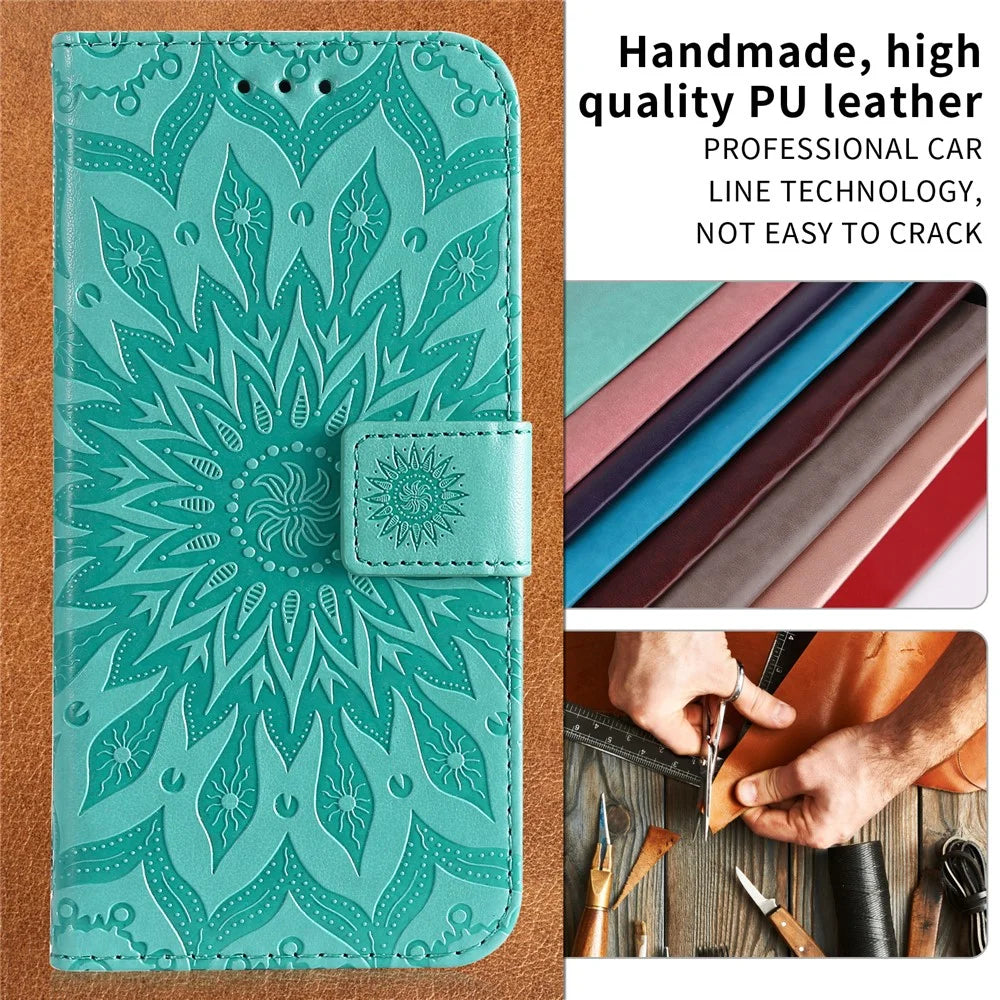For Samsung Galaxy A56 5G / M56 5G Leather Wallet Case Sunflower Imprinted Phone Cover - Green - 5