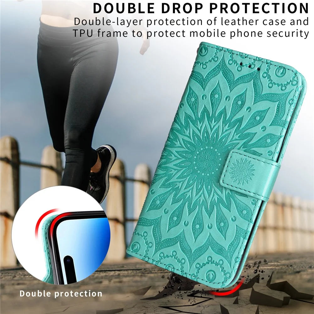 For Samsung Galaxy A56 5G / M56 5G Leather Wallet Case Sunflower Imprinted Phone Cover - Green - 6