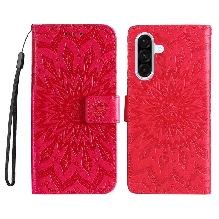 For Samsung Galaxy A36 5G Leather Wallet Case Sunflower Imprinted Phone Cover - Red - 1