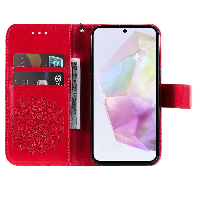 For Samsung Galaxy A36 5G Leather Wallet Case Sunflower Imprinted Phone Cover - Red - 2