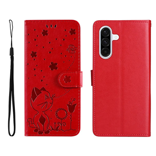 For Samsung Galaxy A56 5G / M56 5G Leather Wallet Case Cat Bee Pattern Phone Cover Stand - Red - 1