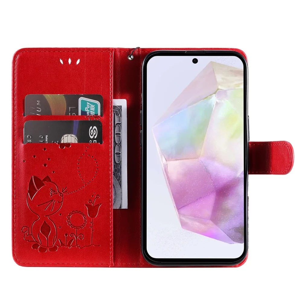 For Samsung Galaxy A56 5G / M56 5G Leather Wallet Case Cat Bee Pattern Phone Cover Stand - Red - 2