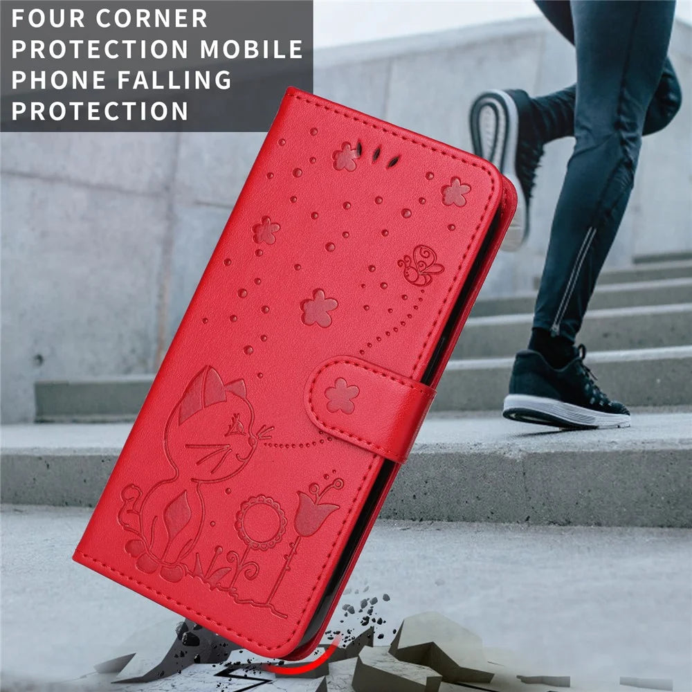 For Samsung Galaxy A56 5G / M56 5G Leather Wallet Case Cat Bee Pattern Phone Cover Stand - Red - 3