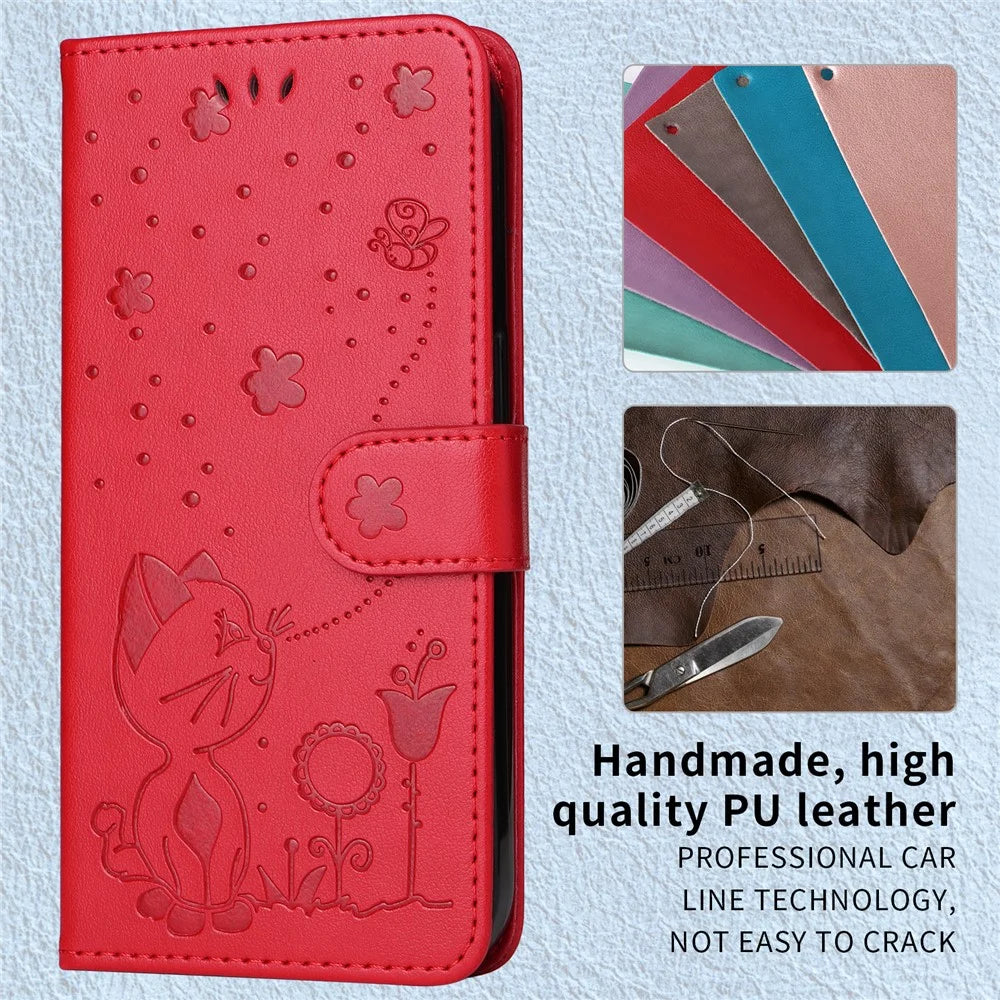 For Samsung Galaxy A56 5G / M56 5G Leather Wallet Case Cat Bee Pattern Phone Cover Stand - Red - 4
