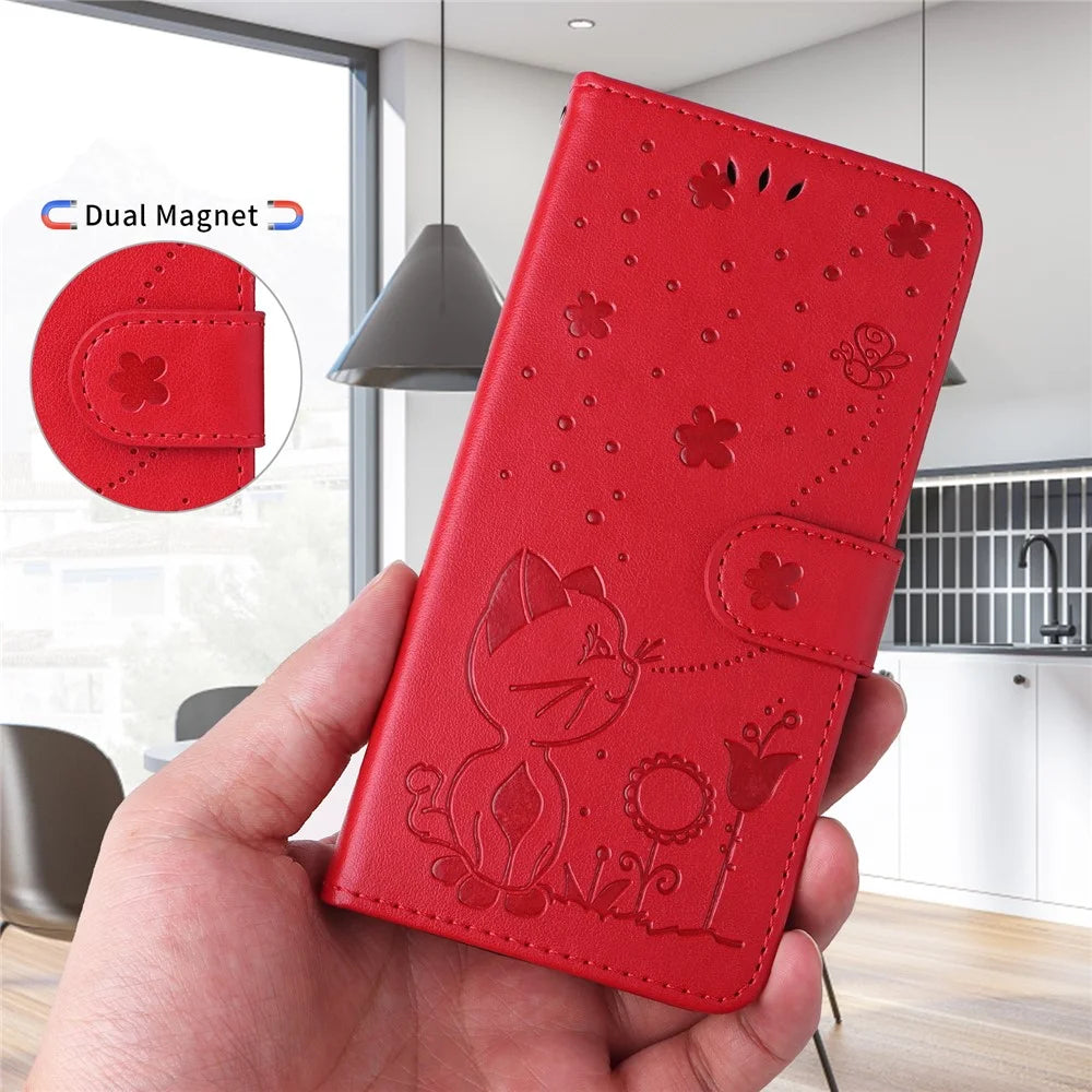 For Samsung Galaxy A56 5G / M56 5G Leather Wallet Case Cat Bee Pattern Phone Cover Stand - Red - 5