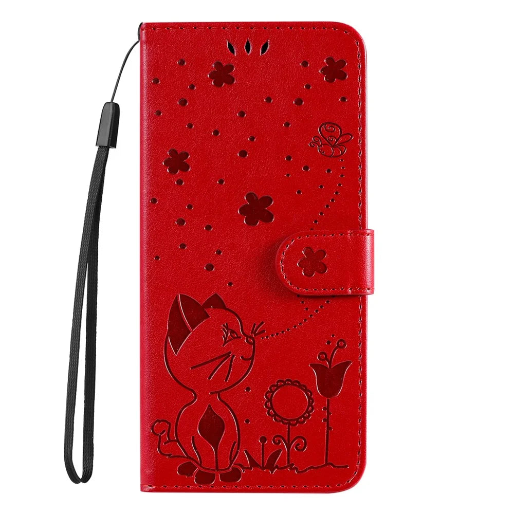 For Samsung Galaxy A56 5G / M56 5G Leather Wallet Case Cat Bee Pattern Phone Cover Stand - Red - 6