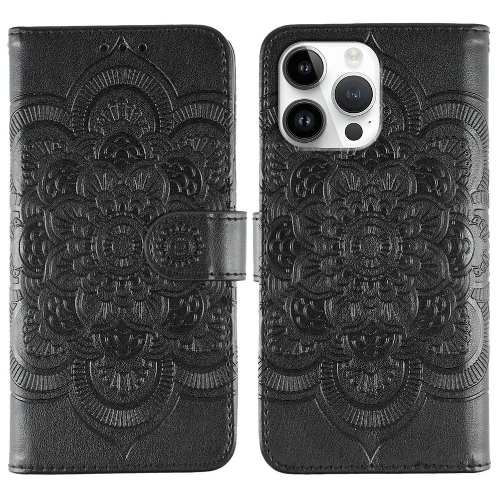 For iPhone 14 Pro Case PU Leather Mandala Imprinted Design Wallet Phone Cover - Black - 1