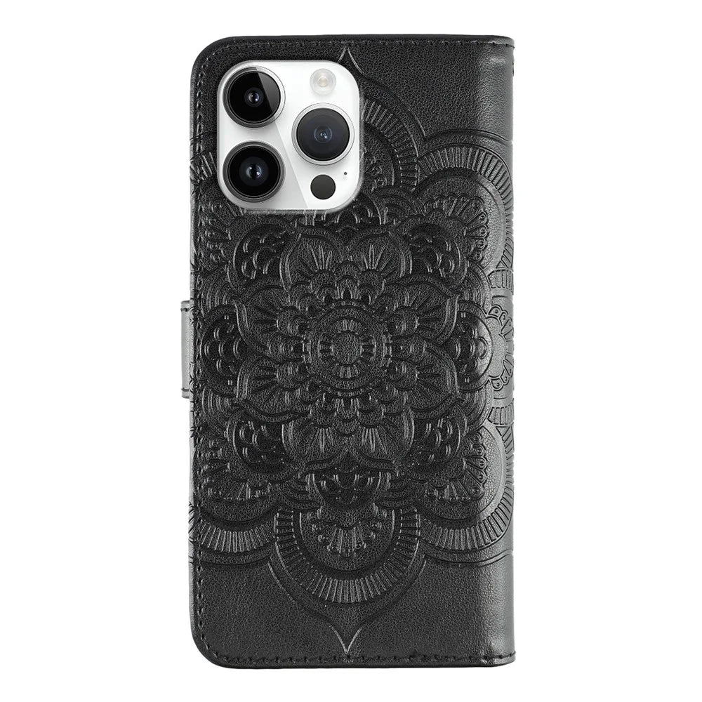 For iPhone 14 Pro Case PU Leather Mandala Imprinted Design Wallet Phone Cover - Black - 5