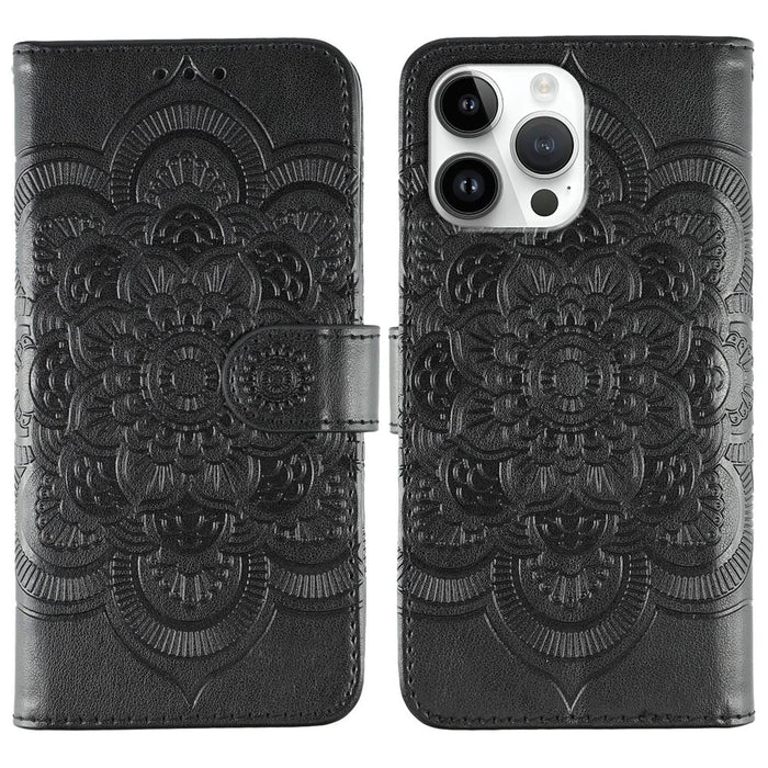 For iPhone 14 Pro Max Case PU Leather Mandala Imprinted Design Wallet Phone Cover - Black - 1