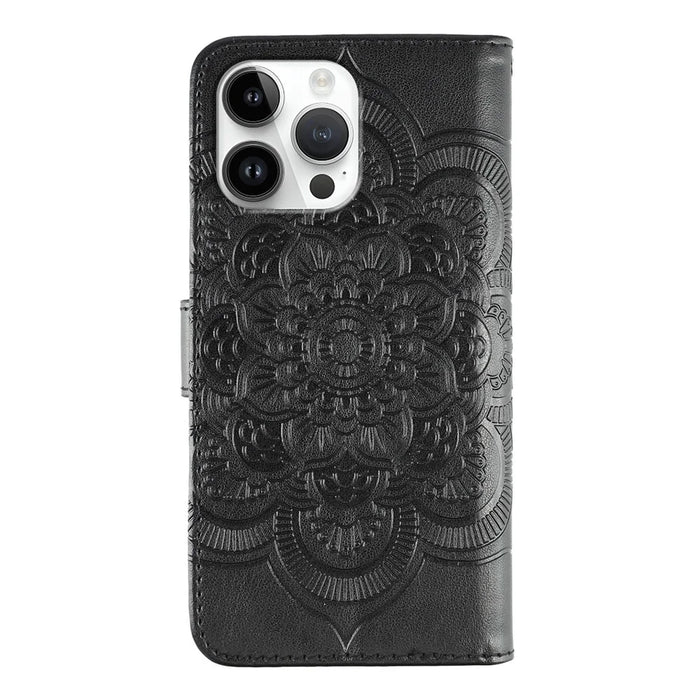 For iPhone 14 Pro Max Case PU Leather Mandala Imprinted Design Wallet Phone Cover - Black - 5