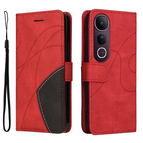 For vivo V50 Lite 5G Leather Phone Case Stand Wallet with Bi-colour Splicing Design - Red - 1