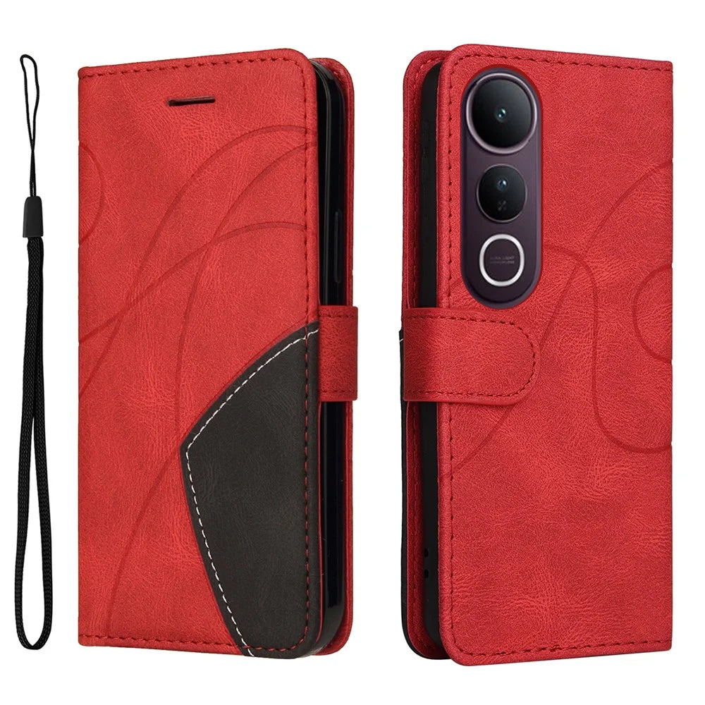 For vivo V50 Lite 5G Leather Phone Case Stand Wallet with Bi-colour Splicing Design - Red - 1