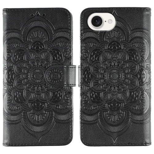 For iPhone 17e / 16e Case PU Leather Mandala Imprinted Design Wallet Phone Cover - Black - 1