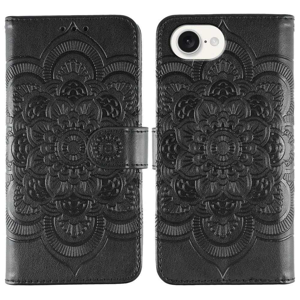 For iPhone 17e / 16e Case PU Leather Mandala Imprinted Design Wallet Phone Cover - Black - 1