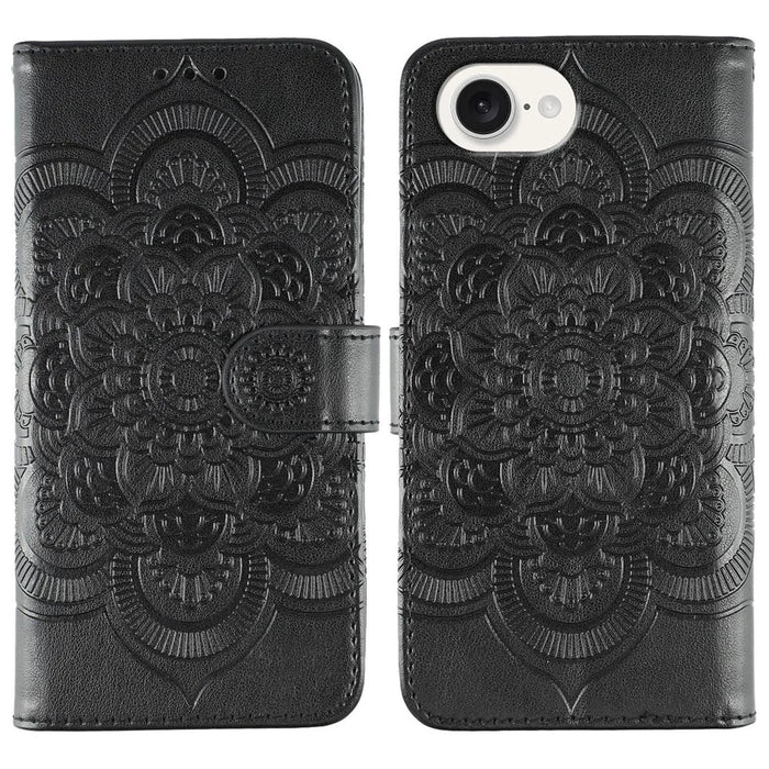 For iPhone 17e / 16e Case PU Leather Mandala Imprinted Design Wallet Phone Cover - Black - 1
