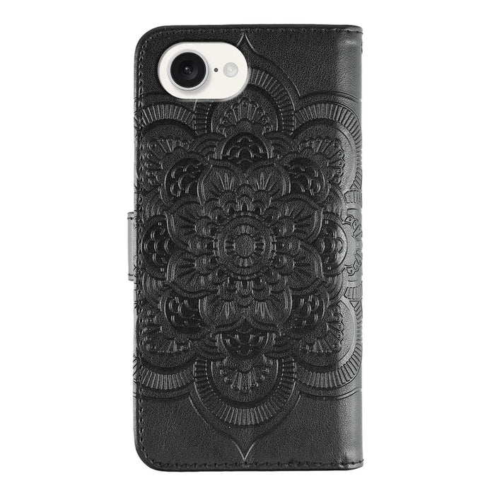 For iPhone 17e / 16e Case PU Leather Mandala Imprinted Design Wallet Phone Cover - Black - 5