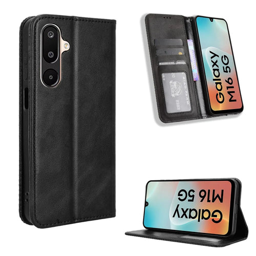 For Samsung Galaxy M16 5G / Galaxy F16 5G Retro PU Leather Case Phone Wallet Stand Cover - Black - 1