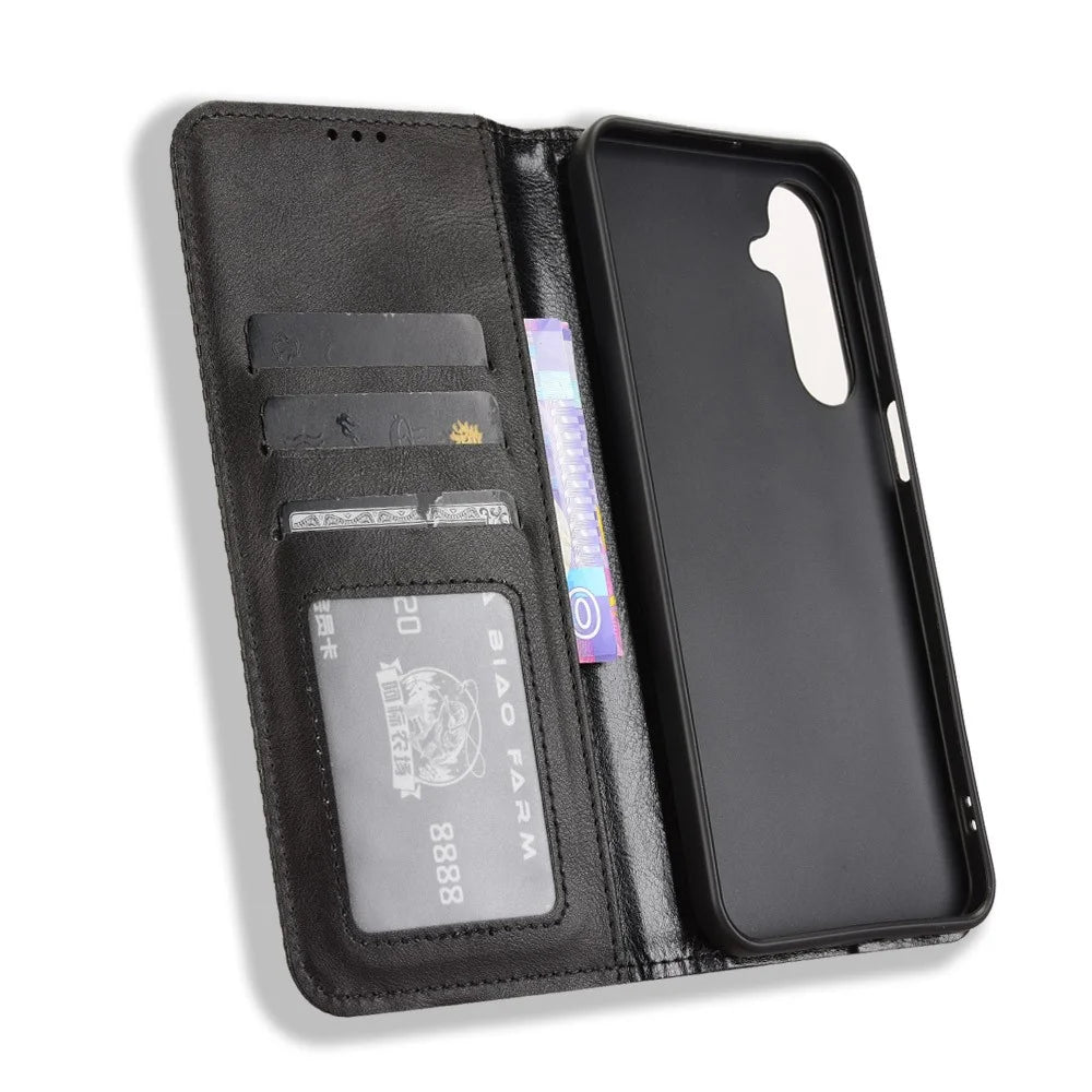 For Samsung Galaxy M16 5G / Galaxy F16 5G Retro PU Leather Case Phone Wallet Stand Cover - Black - 4