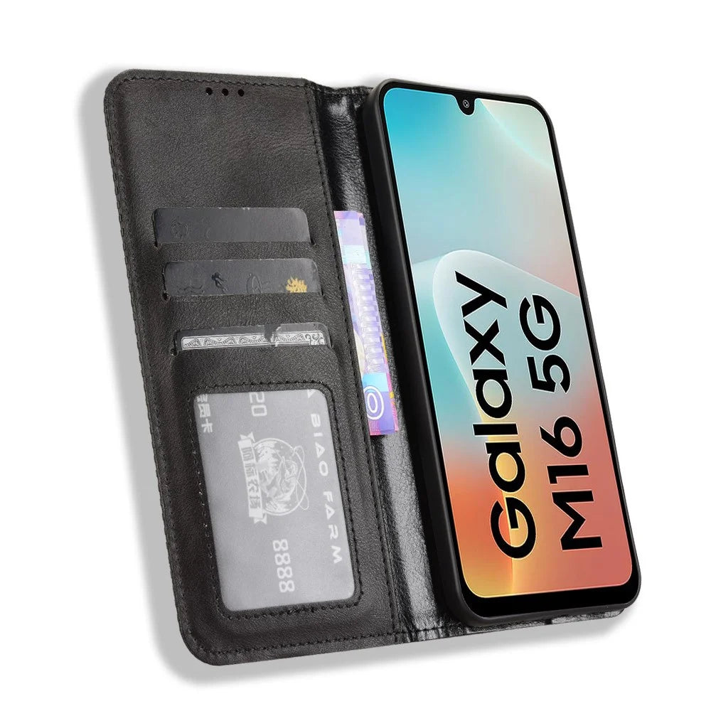 For Samsung Galaxy M16 5G / Galaxy F16 5G Retro PU Leather Case Phone Wallet Stand Cover - Black - 5