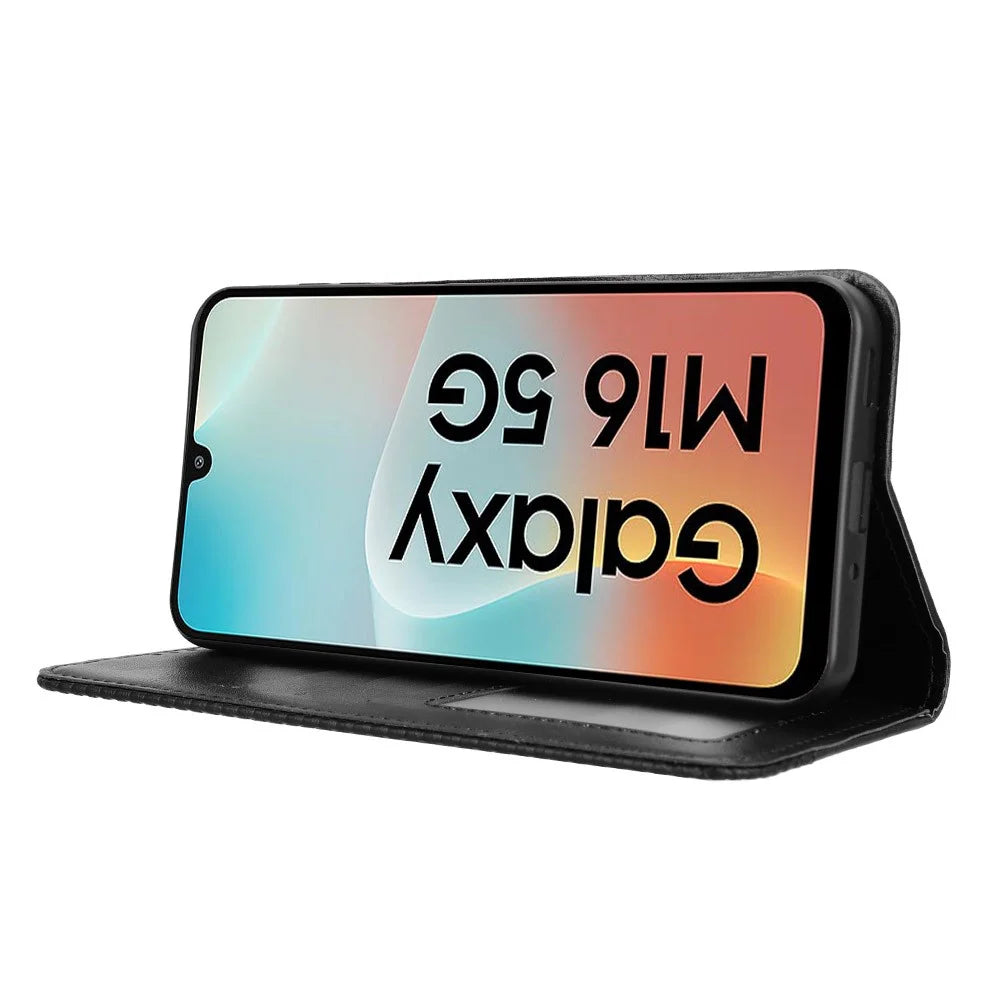 For Samsung Galaxy M16 5G / Galaxy F16 5G Retro PU Leather Case Phone Wallet Stand Cover - Black - 6