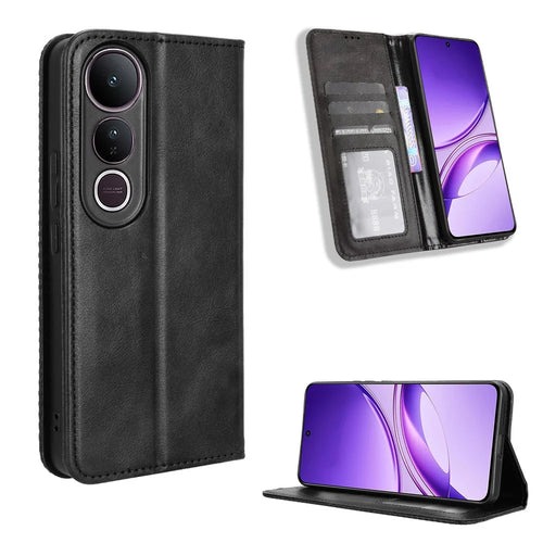 For vivo V50 Lite 4G / vivo V50 Lite 5G Retro PU Leather Case Phone Wallet Stand Cover - Black - 1