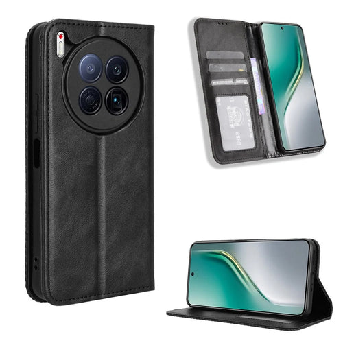 For TECNO Camon 40 Premier 5G Retro PU Leather Case Phone Wallet Stand Cover - Black - 1